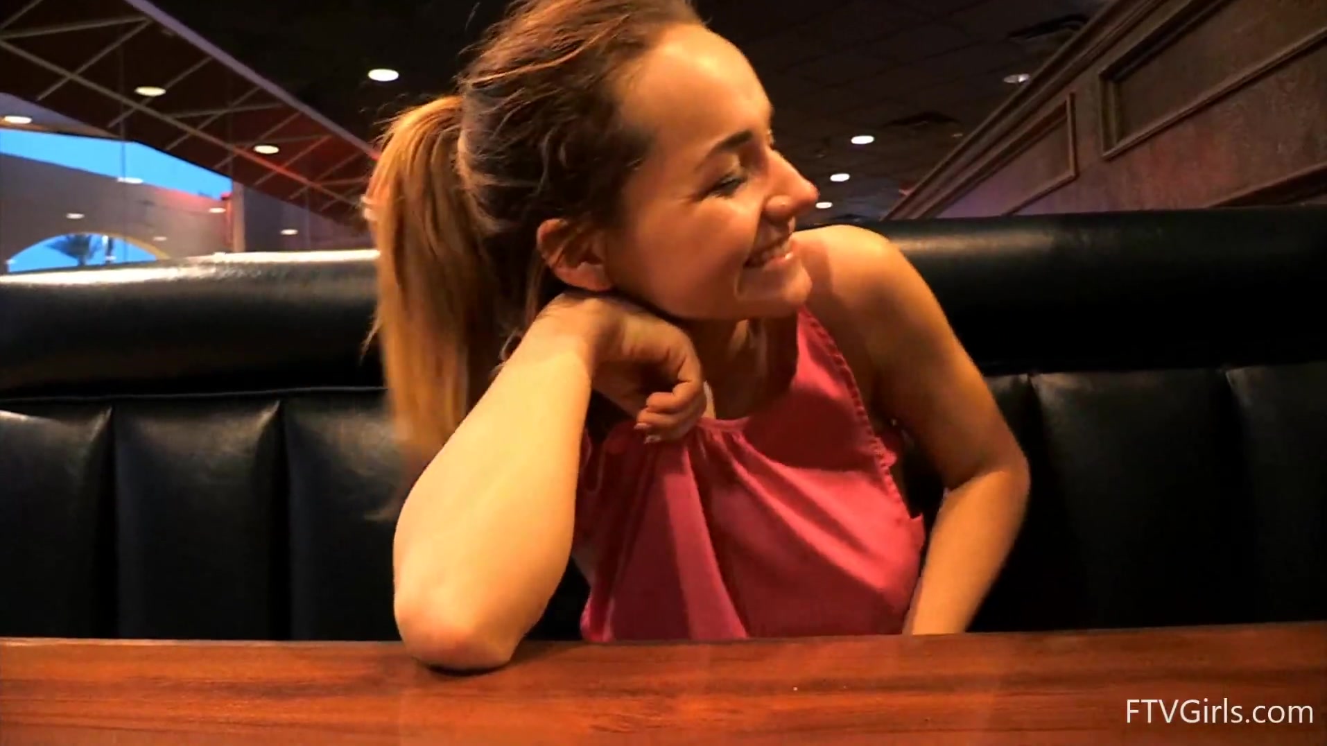 Flashing her busty chest at the restaurant - free porn video