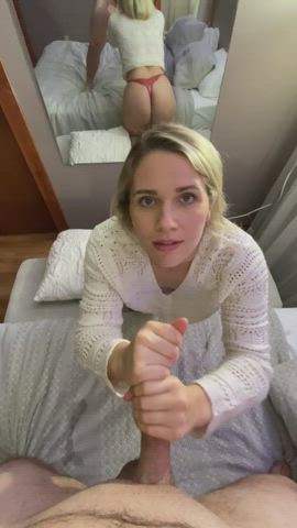Sucking and stroking his cock on my knees waiting for his cum - free porn video