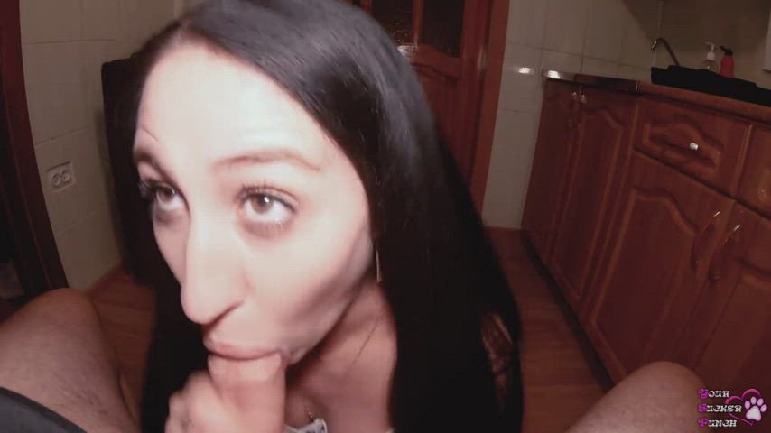 Adorable Brunette Slurps Cum in the Kitchen - free porn video