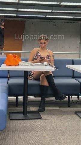Risky strip in the university library - free porn video
