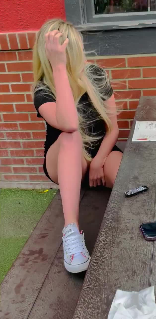 Playing with a toy our at dinner trying not to get caught by the waitress [gif] - free porn video