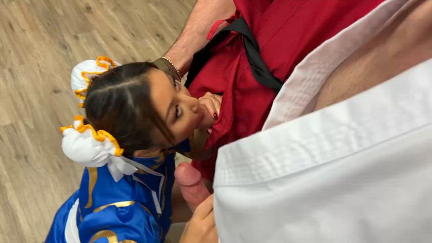 On her knees fluffing us before the scene - free porn video