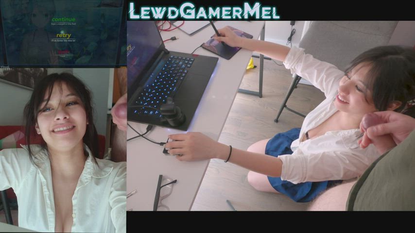 Playing osu! on my knees with my tongue out. I think he took the hint! (Catch is...he has to cum in Double Time) - free porn video