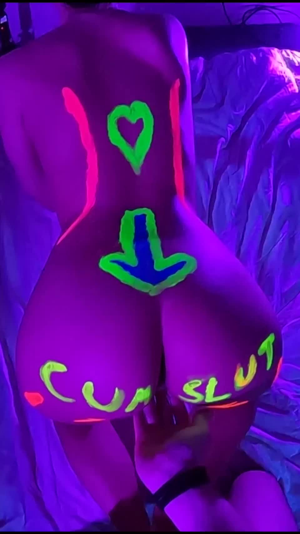 Neon lights, paint, and riding his cock - free porn video