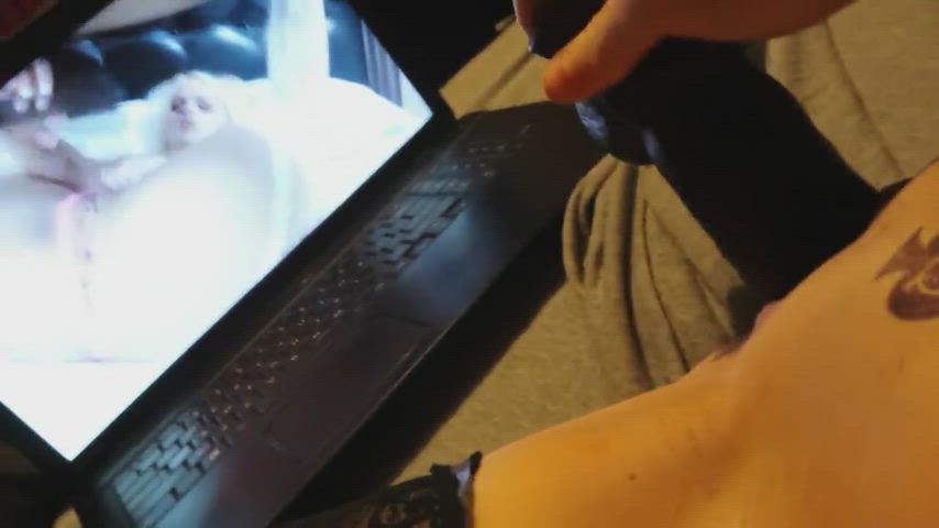 Watching her favourite porn while she uses her BBC dildo. - free porn video