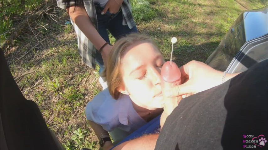 (FFM) cumshot outdoor cum facial while her friend watches, rubbing her pussy - free porn video