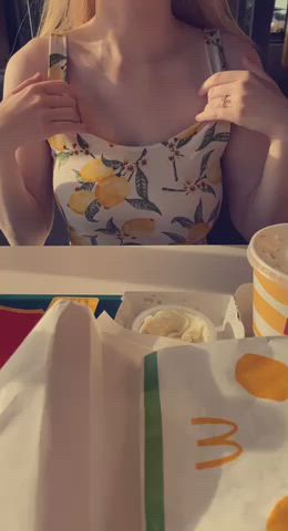 My milkers jumping around in Macdonalds - free porn video