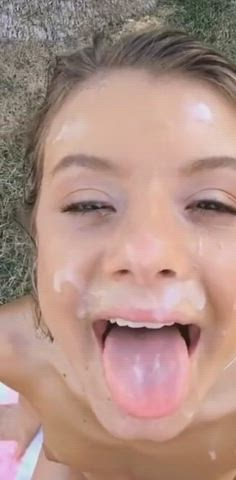Cute blonde gets outdoor cum on face - free porn video