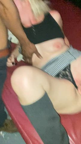 Hubby Loves Me Giving Any Man Who Wants it, Full Open Access To My Spread Juicy Pussy in the Middle of the Adult Theater While I Suck Any Cock Pushed into My Face. - free porn video