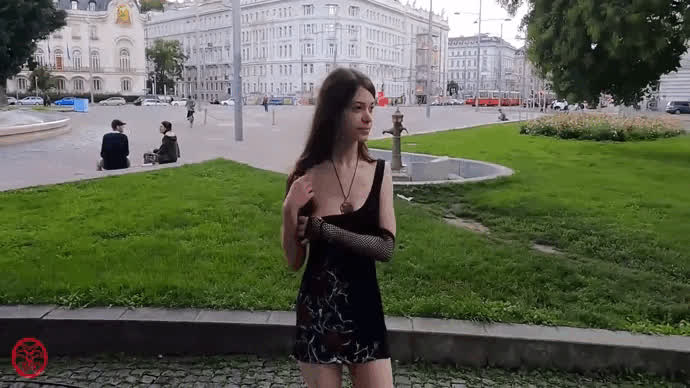 Voyeur brunette flashing tits in public park of Vienna - free porn video