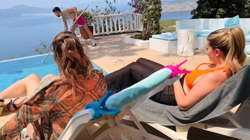 Sharing a cock by the pool with my friend Erin on holiday - free porn video