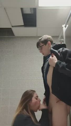 She makes him cum in public bathroom - free porn video