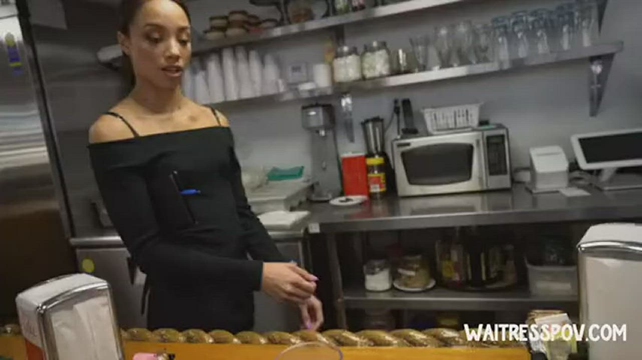 Skinny Ebony teen earning extra cash being a waitress - free porn video