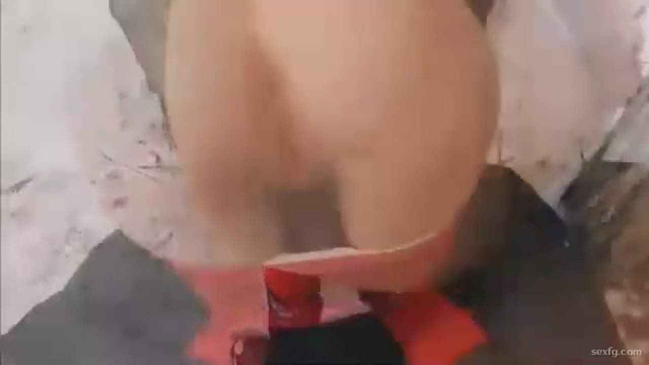 Doggystyle sex outdoors in forest on a cold winter day with hot babe - free porn video