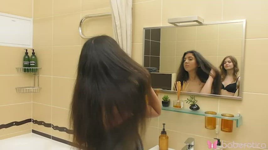 Minni Love and Katty West in their first lesbian love scene in the bath - free porn video