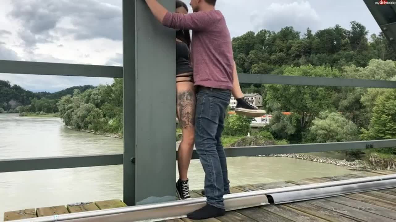 German Couple Fuck Public on a Bridge over a River - free porn video