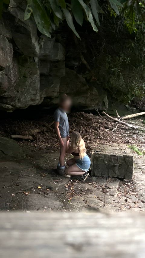 Blonde sucks dick outside of a cave! - free porn video
