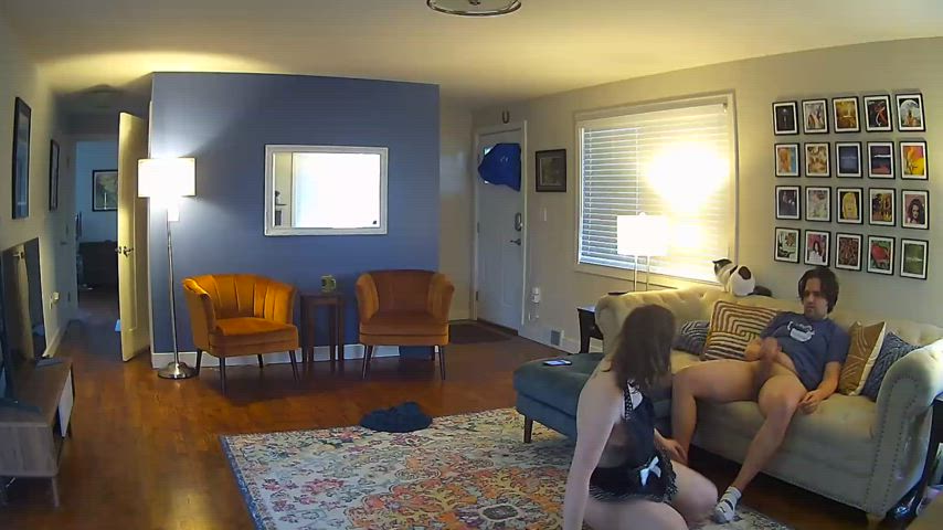 Surprised him with this maid apron outfit and gave him a blowjob on the couch - free porn video