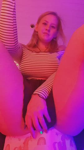 As you can see for yourself, under my mini-skirt I don't have a thong, and you can now get a close-up look as I slowly begin to caress my small and tight pussy. - free porn video