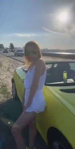 Amazing suction dildo on car in ass out in public next to highway - free porn video