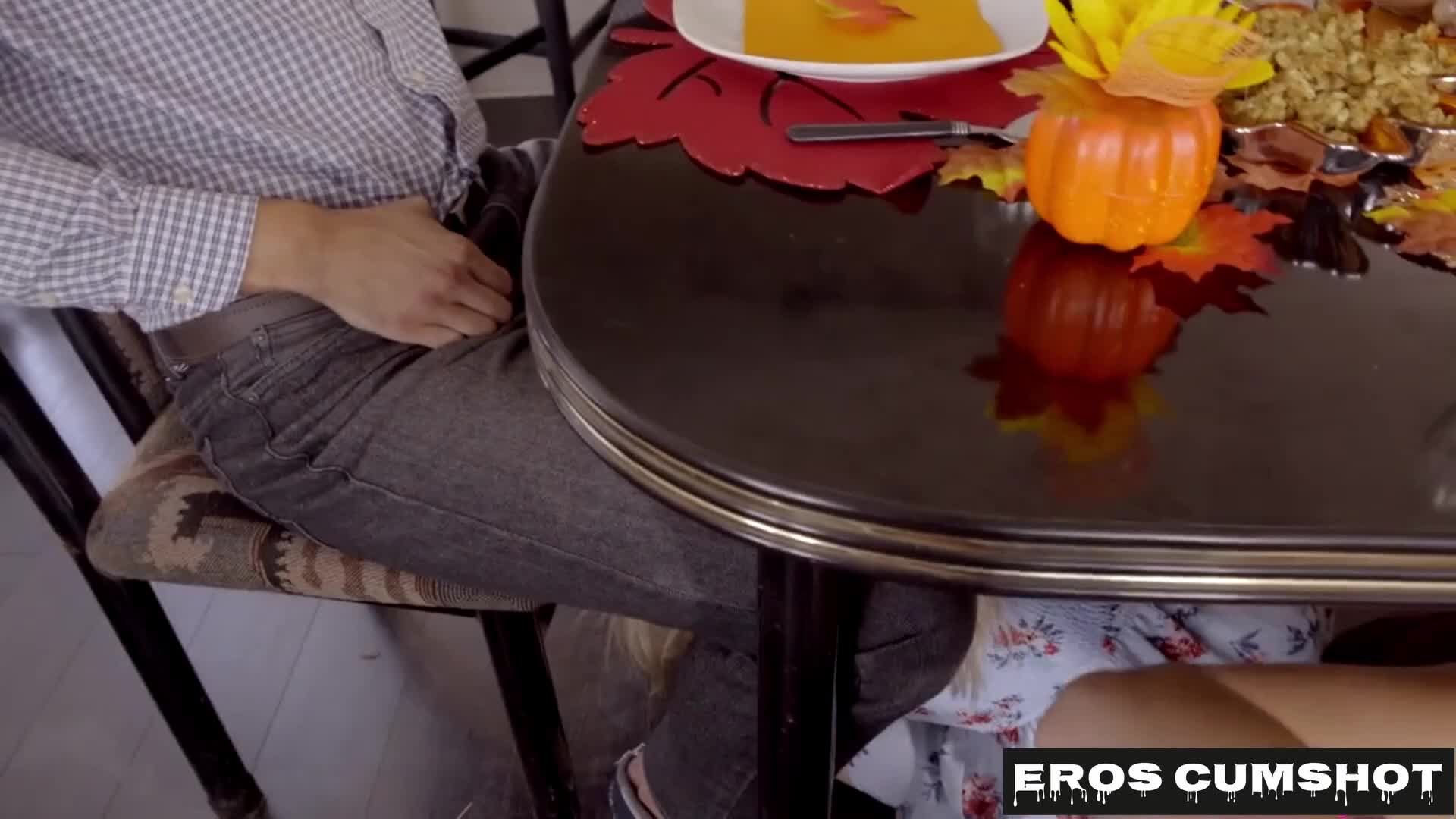 Mommy makes me cum under the dining table while dad is there - free porn video