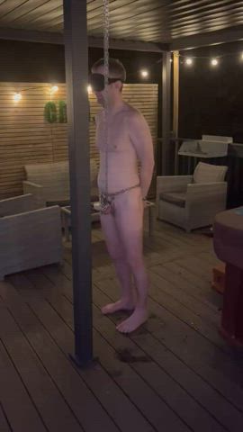 Left my chastity cuckold blindfolded naked and restrained outside while I had some fun 😂 - free porn video