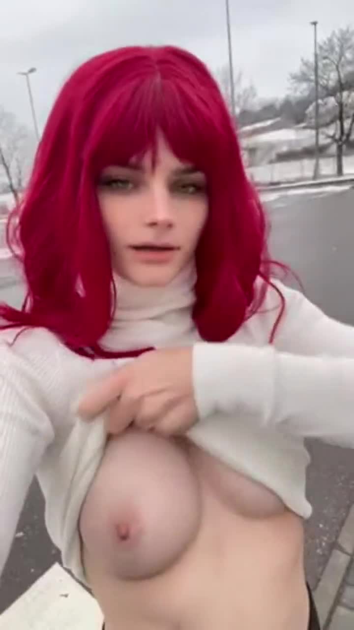 In the parking lot of a store haha... I hope my bus comes soon before someone else sees me with my tits outside.... - free porn video