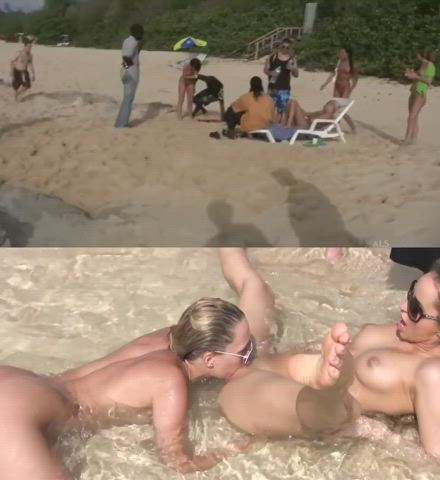 Two horny babes playing at a public beach - free porn video
