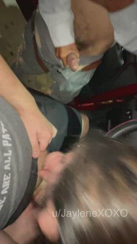 Sucking my husband's cock at a sex shop parking lot while strangers gathered around and jacked off - free porn video