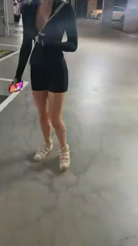 Showing boobs in a parking garage - free porn video