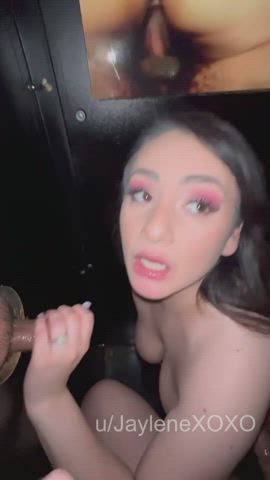 Making a stranger at the glory hole cum and draining him all over my big tits - free porn video