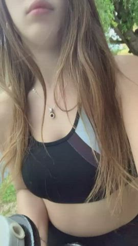 Working out outside is more fun... My neighbours are always watching me… I hope they haven't seen me flashing my 18 year old tits haha - free porn video