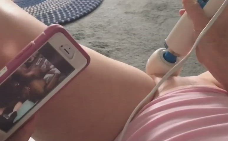 She watching interracial gangbang porn and plays with toy - free porn video
