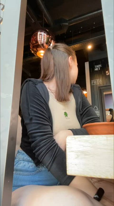 Gooning around in crowded cafe while waiting for my food - free porn video