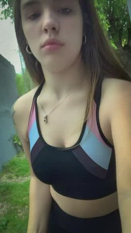 Working out without a bra is much more fun don't you think... hope no one saw me showing my 18 year old tits haha - free porn video