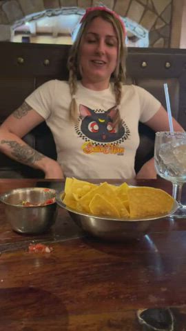 Whipping my tits out at the restaurant [gif] - free porn video