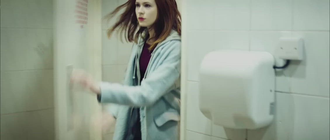 Karen Gillan feels horny and enters the men's restroom for quick sex - free porn video