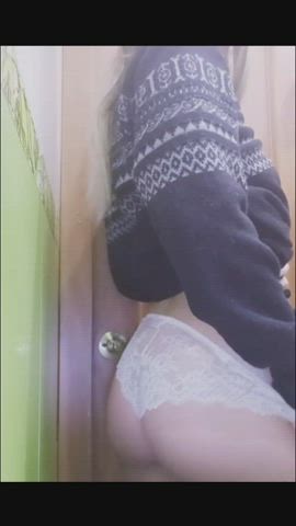 Hot blonde in panties and sweater showing boobs - free porn video