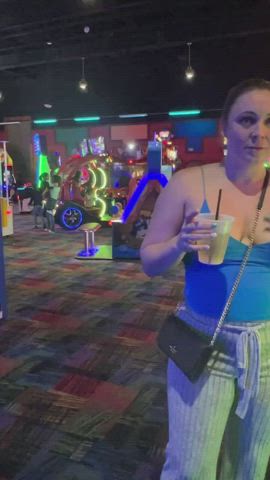 [GIF]Flashing my melons at the bowling alley arcade - free porn video